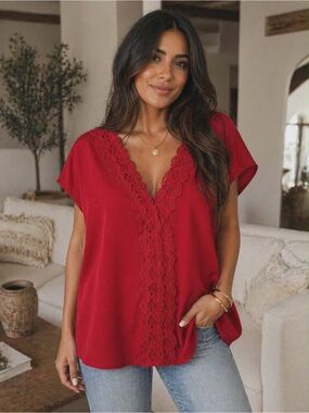 SHEIN Red Lace-Trim V-Neck Tunic Top